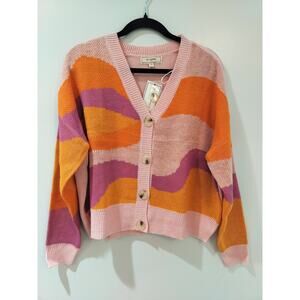 No Comment NYLA Cardigan Sweater L Pink Orange Colorblock Cropped NWT